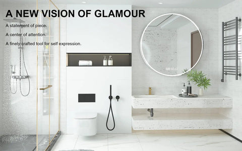 Modern bathroom with Brushed Gold Single Hole Bathroom Faucet With Pop Up Drain, spacious vanity, and large circular mirror.