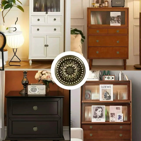 Antique Bronzy Cabinet Knobs Set With Vintage Flower Pattern Drawer Pull Handles installed on various cupboards and drawers.
