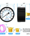 Well Pump Pressure Gauge 0 to 200 Psi With 2 Inch Dial Face Center Back Mount One Eighth Npt Includes One Quarter And Three Eighth Npt Hex Bushings Three Two Three Percent Accuracy For Water Wells And Diy Pressure Testing with side view of gauge and NPT fittings