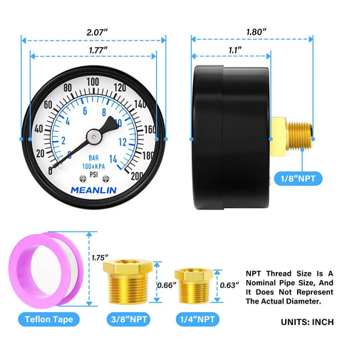 Well Pump Pressure Gauge 0 to 200 Psi With 2 Inch Dial Face Center Back Mount One Eighth Npt Includes One Quarter And Three Eighth Npt Hex Bushings Three Two Three Percent Accuracy For Water Wells And Diy Pressure Testing with side view of gauge and NPT fittings