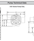 Technical data sheet for 4 Roller Cast Iron Sprayer Pump With Viton Seals, showing dimensions and diagrams.