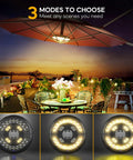 Rechargeable Patio Umbrella Lights with 28 LEDs and 3 Lighting Modes illuminating a garden dining setup on a patio.