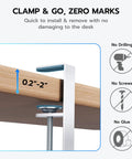 Focus on clamp mechanism of Extendable Under Desk Cable Management Tray With Clamp On Cord Organizer For Office And Gaming Setups.