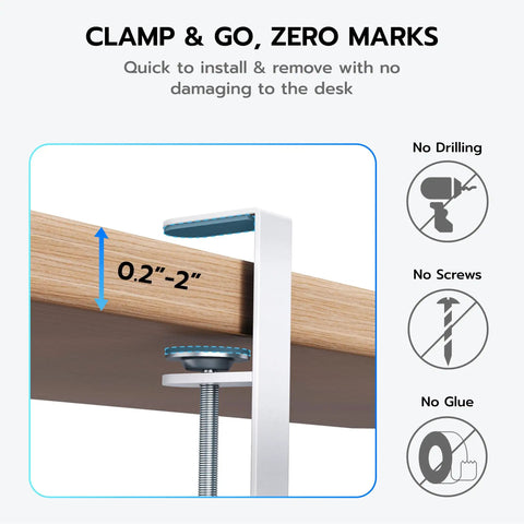 Focus on clamp mechanism of Extendable Under Desk Cable Management Tray With Clamp On Cord Organizer For Office And Gaming Setups.