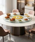 360 Degree No Fuss Silent Spin Glass Table Tray With 0.47 Inch Thick Round Top on a dining table, displaying food dishes.
