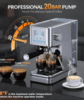 Level Up Your Home Barista Game With This Compact Stainless Steel Espresso Machine Packing A Mighty 20 Bar Pump And Smart Steam Frother For Silky Lattes And Smooth Daily Sips Anytime, showing espresso machine with 20 bar pump and brewed coffee.