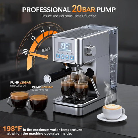Level Up Your Home Barista Game With This Compact Stainless Steel Espresso Machine Packing A Mighty 20 Bar Pump And Smart Steam Frother For Silky Lattes And Smooth Daily Sips Anytime, showing espresso machine with 20 bar pump and brewed coffee.