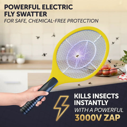 18 Inch Electric Fly Swatter Zapper Racket For Indoor Outdoor Use, Battery Operated Bug Killer With 3000 Volt Zap, Tennis Style Mosquito And Fly Killer, Easy To Use With Two AA Batteries Included - Yellow
