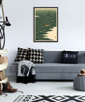 Black Framed Japanese Style Rowing Boat Ocean Waves Poster Canvas Print Art Vintage Minimalist Aesthetic Wall Decor For Living Room