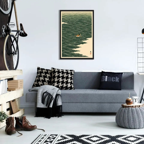 Black Framed Japanese Style Rowing Boat Ocean Waves Poster Canvas Print Art Vintage Minimalist Aesthetic Wall Decor For Living Room