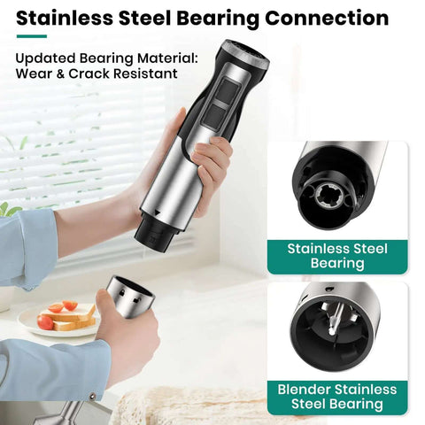 Powerful 1800 Watt Immersion Blender With Four Versatile Attachments, blends soups and smoothies without a sweat, showing stainless steel bearing connection.