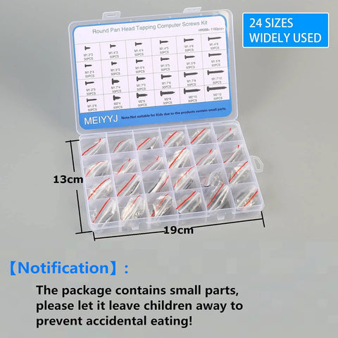 1100Pcs Laptop And Notebook Screws Kit With 24 Types Round Pan Head Tapping Screws in a labeled box with size chart and safety info