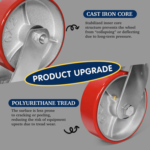 Heavy Duty 6X2 Inch Caster Set Of 4 With Polyurethane Treads And Cast Iron Cores, 5000 Lb Capacity close-up view