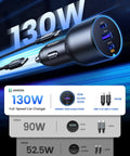 130W USB C Car Charger With PD Fast Charge Dual Type C Ports, showcasing power output and cable compatibility