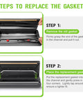 Vacuum sealer gasket replacement guide; two-step image showing removing old gasket and installing replacement on a black vacuum sealer.