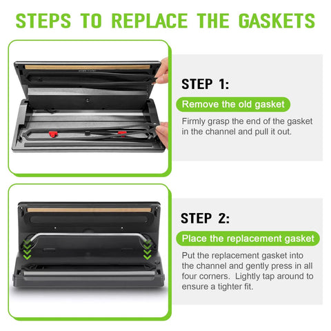 Vacuum sealer gasket replacement guide; two-step image showing removing old gasket and installing replacement on a black vacuum sealer.