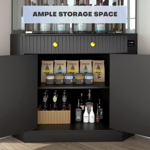 Interior view of 71 Inch Tall Corner Bar Cabinet With App Control And Motion Sensor LED Lighting highlighting ample storage space.