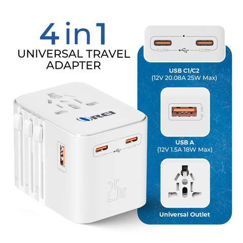 Worldwide Travel Adapter 25W Fast Charge All In One Charger With 2 USB C Ports And 1 USB A Port Four In One Universal Power Adapter