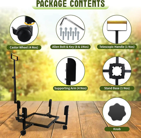 Rolling Fire Pit Stand With Telescoping Handle And Wheels package contents shown separately