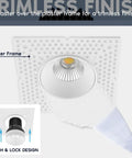 No Fuss Push N Lock Setup Trimless Recessed Lighting 2 Inch Dimmable Spotlight showing plaster frame with smooth finish.