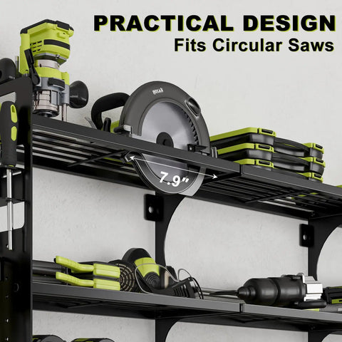 Power Tool Organizer Wall Mount With 16 Slots, 3 Tier Drill And Cordless Tool Storage Holder, Pegboard Sides