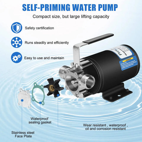12V Water Transfer Pump 330 GPH Electric Utility Pump with spare parts, self-priming features, and stainless steel plate