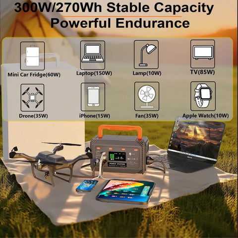 Your Go To Portable Power Station 300W 270Wh Lithium Battery Solar Generator outdoors powering devices on blanket
