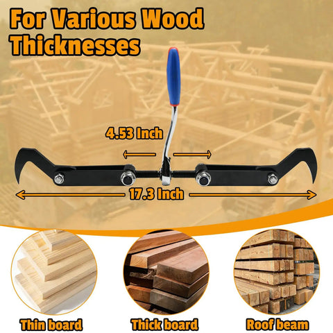 Heavy Duty Beam Puller Tool With Iron Hooks And Reversible Ratchet showing 4.53-inch clamping travel and wooden thicknesses