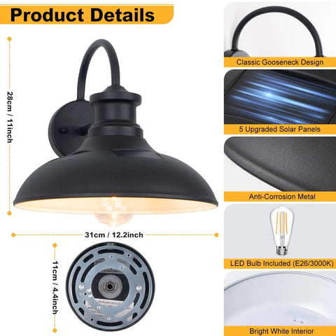 Gooseneck Solar Barn Light 12 Inch Black Outdoor Wall Mount Set, classic design, solar panels, anti-corrosion metal, LED bulb