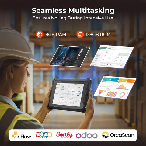 Ready For The Daily Grind 8 Inch Rugged Windows Tablet With Built In Barcode Scanner And Intel Celeron N4680 Running Windows 11 Pro To Fast Track Warehouse Inventory Operations Without Breaking A Sweat, shown in use by a worker.