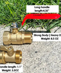 Heavy Duty Brass Garden Hose Shut Off Valve, 3/4 Inch GHT Thread, Long Handle For Easy Turn displayed on outdoor surface