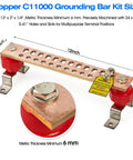 Heavy Duty Copper Ground Bar Kit With 24 Holes And Slots For Flexible Terminal Positioning, 12 Inch Grounding Bus Bar, 2x2 Inch Standoff Insulators, UL Recognized C11000 Copper, 2500V Rating