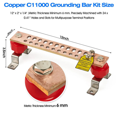 Heavy Duty Copper Ground Bar Kit With 24 Holes And Slots For Flexible Terminal Positioning, 12 Inch Grounding Bus Bar, 2x2 Inch Standoff Insulators, UL Recognized C11000 Copper, 2500V Rating