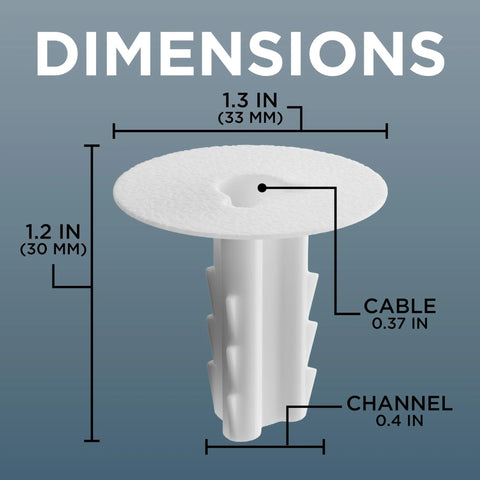 Front view of white RG6 coax feed-through wall grommet with circular top and ribbed stem