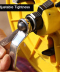 Close-up of tightening a yellow Portable Wire Spool Rack Dispenser for Heavy Duty Wire and Cable Storage with wrench.