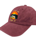 Dope Vintage RV Camper Hat For Women With Funny Tow It Quote In Wine Red Outdoor Adventure Cap, front view with camper graphic.
