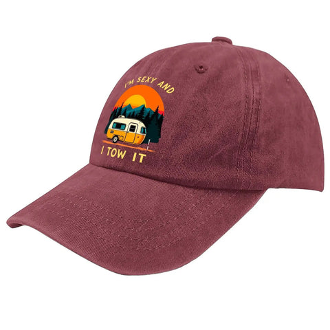 Dope Vintage RV Camper Hat For Women With Funny Tow It Quote In Wine Red Outdoor Adventure Cap, front view with camper graphic.