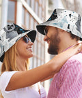 Fresh Lightweight Bucket Hat For Men And Women Featuring Dope All Over Print Polyester Twill Fabric worn by couple outdoors.