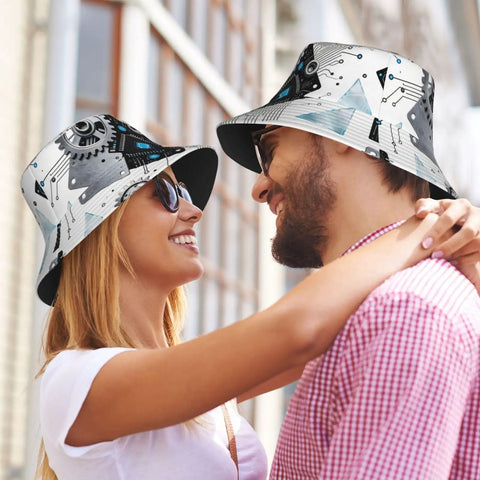 Fresh Lightweight Bucket Hat For Men And Women Featuring Dope All Over Print Polyester Twill Fabric worn by couple outdoors.