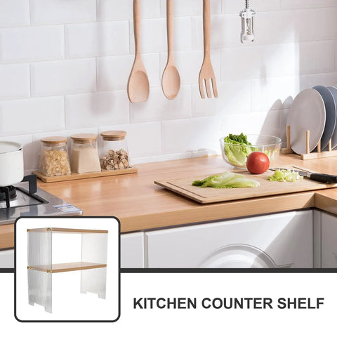 Clear The Counter Clutter With This Slick Wooden Acrylic Display Shelf. Multi Tier Countertop Storage Rack on kitchen countertop.