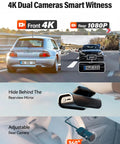 Front and rear view display of 4K Front And Rear Dash Cam With Fast 5GHz WiFi Hands Free Voice Control Crystal Clear Footage