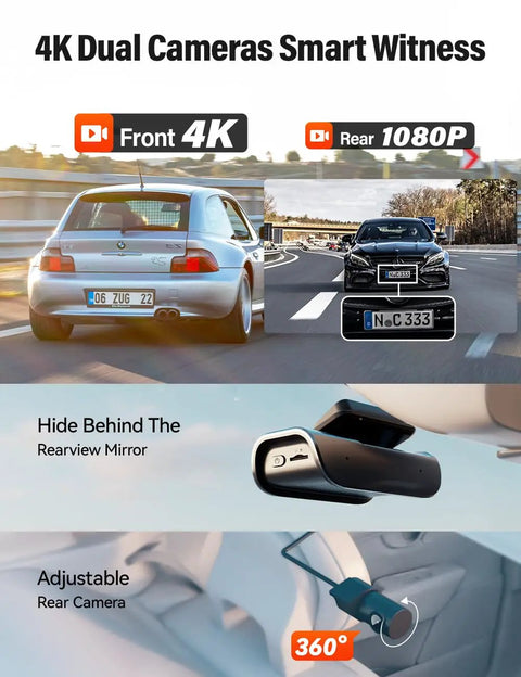 Front and rear view display of 4K Front And Rear Dash Cam With Fast 5GHz WiFi Hands Free Voice Control Crystal Clear Footage