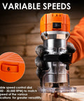 Powerful 6.5 Amp Variable Speed Wood Router Workhorse 1.25 HP Trim Router with six speed settings in use