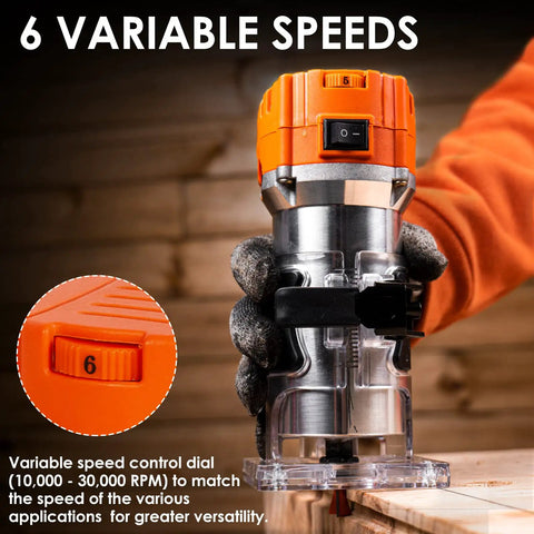 Powerful 6.5 Amp Variable Speed Wood Router Workhorse 1.25 HP Trim Router with six speed settings in use