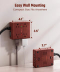 Brown Wood Grain 10 Ft Flat Plug Power Strip With Surge Protector, 8 Outlets And 4 USB Ports Including 2 USB C And 2 USB A, wall mounted