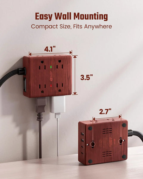 Brown Wood Grain 10 Ft Flat Plug Power Strip With Surge Protector, 8 Outlets And 4 USB Ports Including 2 USB C And 2 USB A, wall mounted