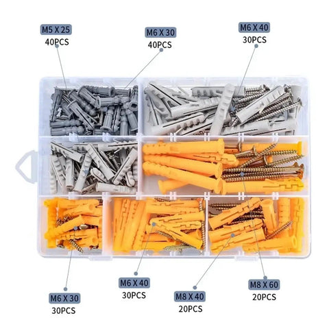 210 Pcs Self-Drilling Screws Set And Wall Anchor Kit For Drywall Brick And Concrete With M5 M6 M8 Sizes Yellow Zinc Plated Carbon Steel Rust-Resistant Heavy-Duty No-Prep Install Do-It-All Mounting, assorted anchors and screws in organizer