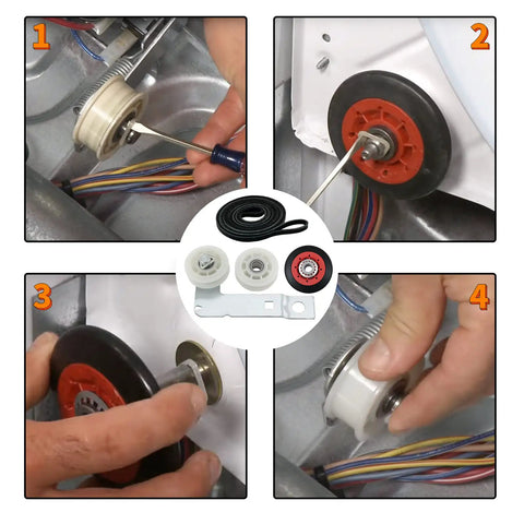 Dryer Repair Kit With W10837240 Idler Pulley For Whirlpool Maytag Admiral Kenmore Bravos showing installation steps