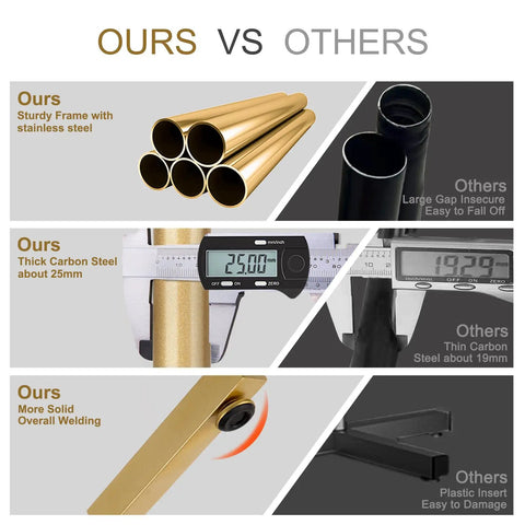 Comparison of freestanding metal coat rack with eight hooks for entryway or office highlighting superior golden frame and welding.