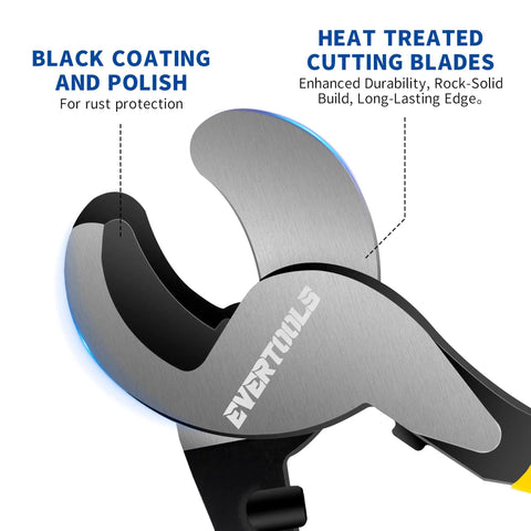 Close-up of Rock Solid Heavy Duty Cable Cutter for Thick Battery Copper and Aluminum Wires, highlighting heat treated cutting blades.